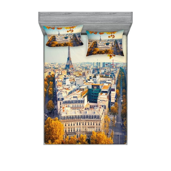 Ambesonne Fall Fitted Sheet & Pillow Sham Set, Aerial View Eiffel Tower, Full, Multicolor