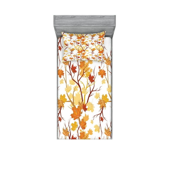 Ambesonne Fall Fitted Sheet & Pillow Sham Set, Autumn Season Elements Nature, Twinxl, Yellow Orange