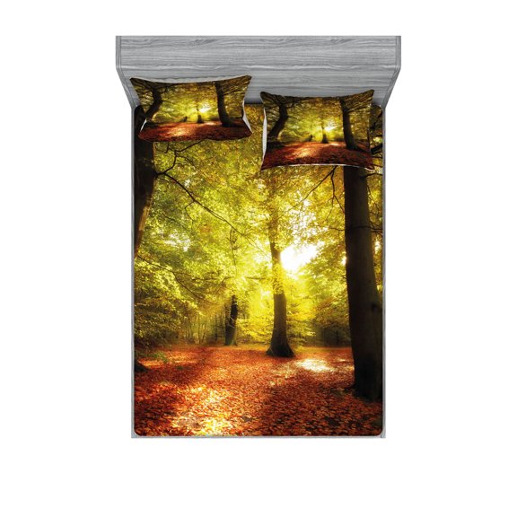 Ambesonne Fall Fitted Sheet & Pillow Sham Set, Blurry Forest Dreamy View, Queen, Pale Green Red Brown