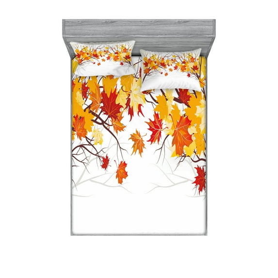 Ambesonne Fall Fitted Sheet & Pillow Sham Set, Cartoon Maple Autumn Tree, Full, Orange White