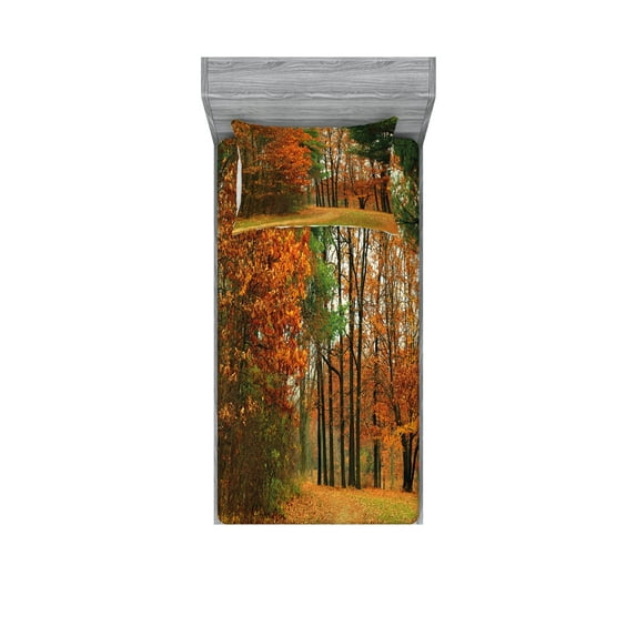 Ambesonne Fall Fitted Sheet & Pillow Sham Set, Cloudy Day in September, Twin, Orange Green Brown