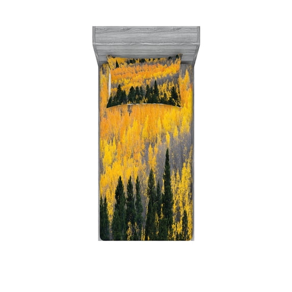 Ambesonne Fall Fitted Sheet & Pillow Sham Set, Colorful Aspen Trees USA, Twinxl, Green Yellow Grey