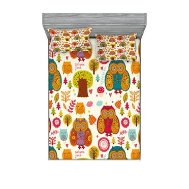 Ambesonne Fall Fitted Sheet & Pillow Sham Set, Colorful Owl Woodland Animals, Queen, Multicolor