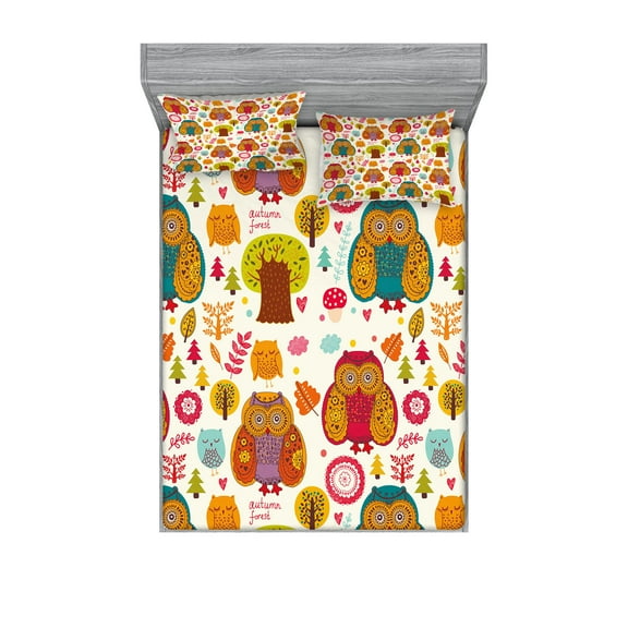 Ambesonne Fall Fitted Sheet & Pillow Sham Set, Colorful Owl Woodland Animals, Queen, Multicolor