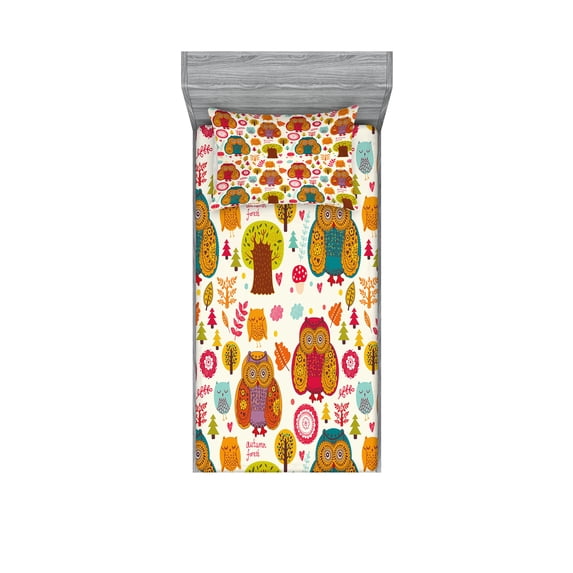 Ambesonne Fall Fitted Sheet & Pillow Sham Set, Colorful Owl Woodland Animals, Twinxl, Multicolor