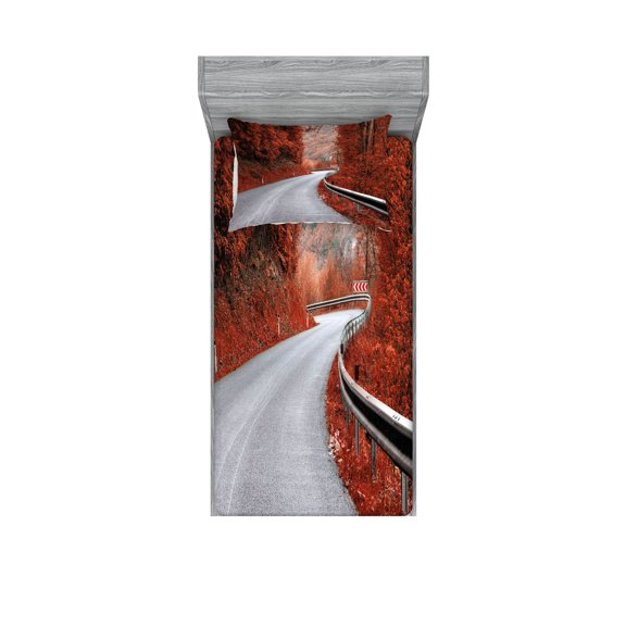 Ambesonne Fall Fitted Sheet & Pillow Sham Set, Dreamy Road Travel Theme, Twin, Orange Pale Grey