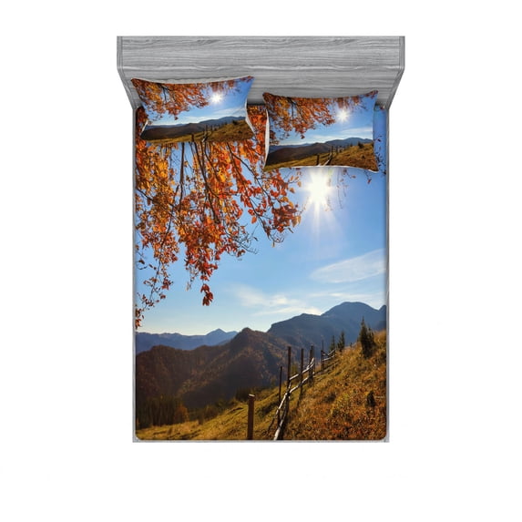 Ambesonne Fall Fitted Sheet & Pillow Sham Set, Fallen Leaves and Hills, Full, Multicolor