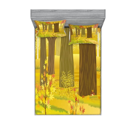 Ambesonne Fall Fitted Sheet & Pillow Sham Set, Fantasy Dreamlike Forest, Queen, Multicolor