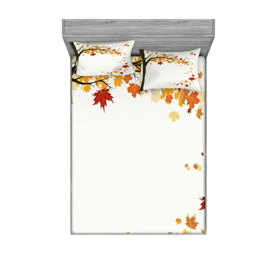 Ambesonne Fall Fitted Sheet & Pillow Sham Set, Flying Maple Leaf Seasons, Calking, Brown Orange