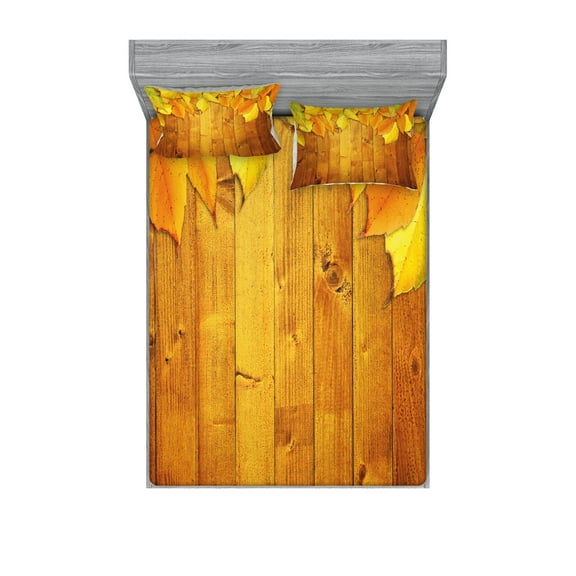 Ambesonne Fall Fitted Sheet & Pillow Sham Set, Leaves on Wooden Planks, Full, Yellow Orange Green