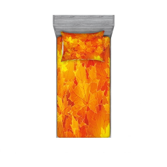 Ambesonne Fall Fitted Sheet & Pillow Sham Set, Maple Botany Foliage Leaf, Twinxl, Orange Yellow