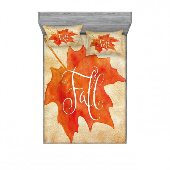 Ambesonne Fall Fitted Sheet & Pillow Sham Set, Maple Leaf Vintage, Full, Orange Pale Brown White