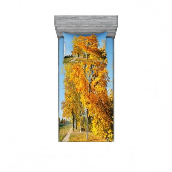 Ambesonne Fall Fitted Sheet & Pillow Sham Set, Maple Trees Countryside, Twinxl, Pale Blue Yellow Green