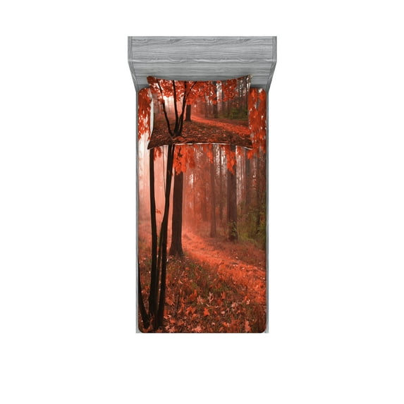 Ambesonne Fall Fitted Sheet & Pillow Sham Set, Misty Forest Leaves Orange, Twin, Brown Orange