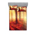 thumbnail image 1 of Ambesonne Fall Fitted Sheet & Pillow Sham Set, Misty Morning in Forest, Queen, Yellow Red, 1 of 2