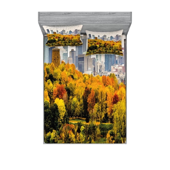 Ambesonne Fall Fitted Sheet & Pillow Sham Set, Montreal in Autumn Season, Queen, Multicolor