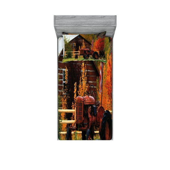 Ambesonne Fall Fitted Sheet & Pillow Sham Set, Rustic Cabin with Tractor, Twinxl, Multicolor