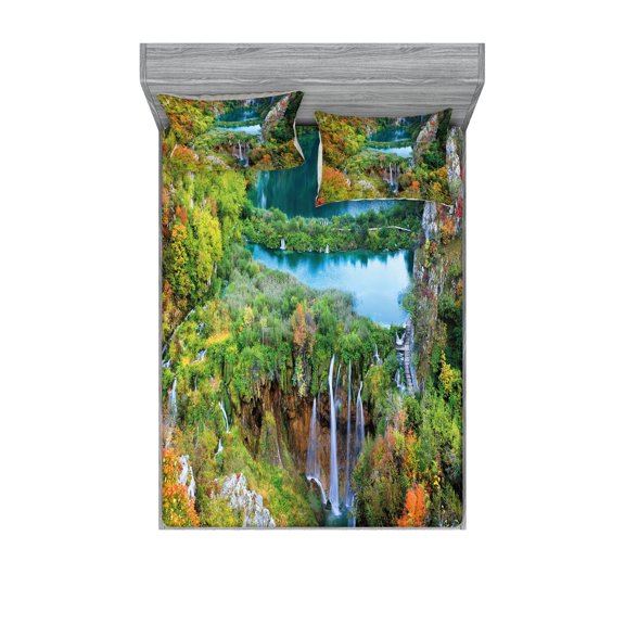 Ambesonne Fall Fitted Sheet & Pillow Sham Set, Scenic Fall Valley Lakes, Full, Green Blue Orange