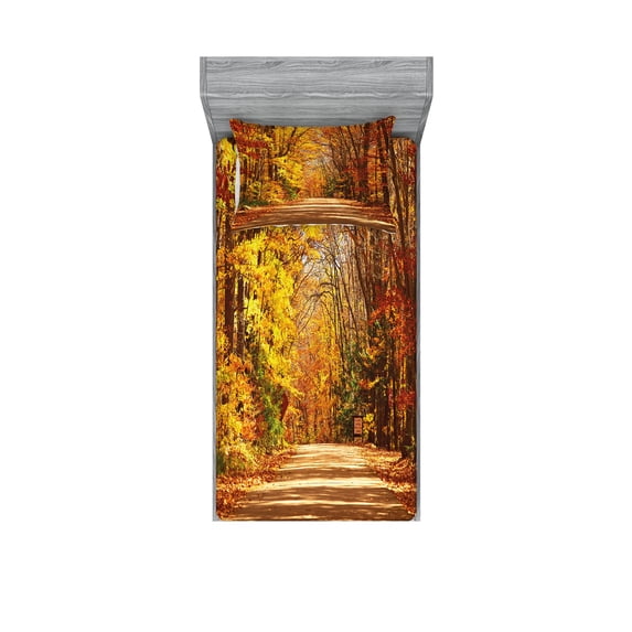 Ambesonne Fall Fitted Sheet & Pillow Sham Set, Scenic Outdoors Empty Road, Twinxl, Redwood Yellow Orange