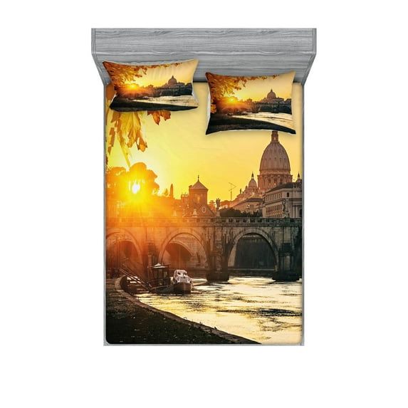 Ambesonne Fall Fitted Sheet & Pillow Sham Set, Sunset Tiber River Rome, Queen, Marigold Yellow Black