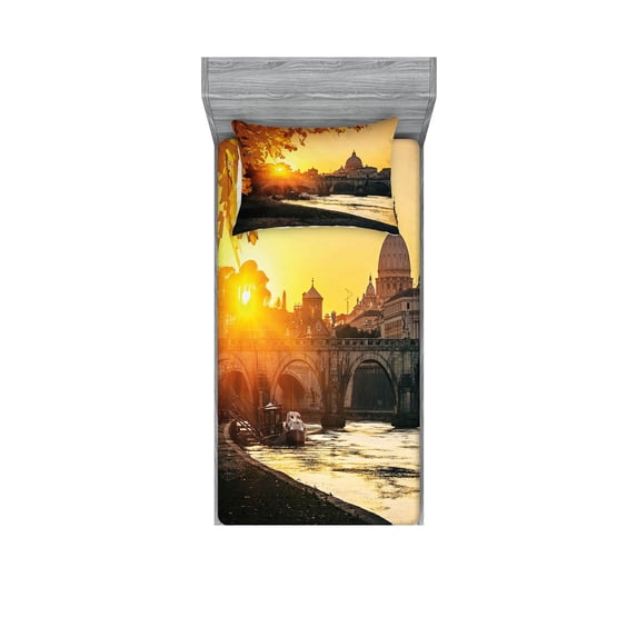 Ambesonne Fall Fitted Sheet & Pillow Sham Set, Sunset Tiber River Rome, Twin, Marigold Yellow Black