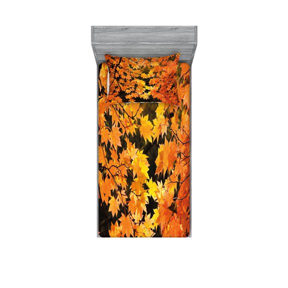Ambesonne Fall Fitted Sheet & Pillow Sham Set, Vivid Autumn Maple Leaves, Twinxl, Orange Yellow Brown