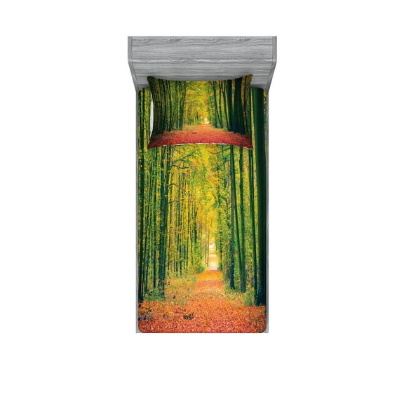 Ambesonne Fall Fitted Sheet & Pillow Sham Set, Warm Autumn Dramatic Road, Twinxl, Green