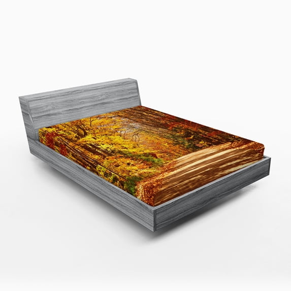 Ambesonne Fall Fitted Sheet, Scenic Outdoors Empty Road, King Size, Redwood Yellow Orange
