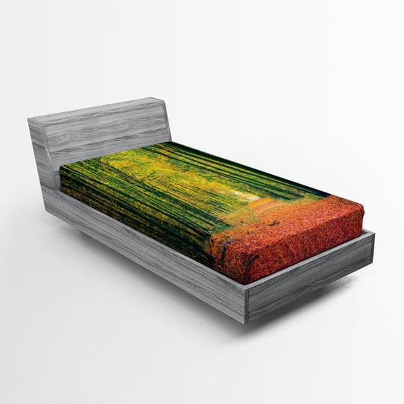 Ambesonne Fall Fitted Sheet, Warm Autumn Dramatic Road, Twin XL Size, Green