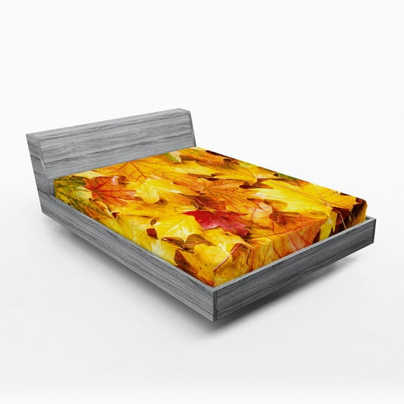 Ambesonne Fall Fitted Sheet, Wet Maple Leaves Nature, California King, Multicolor