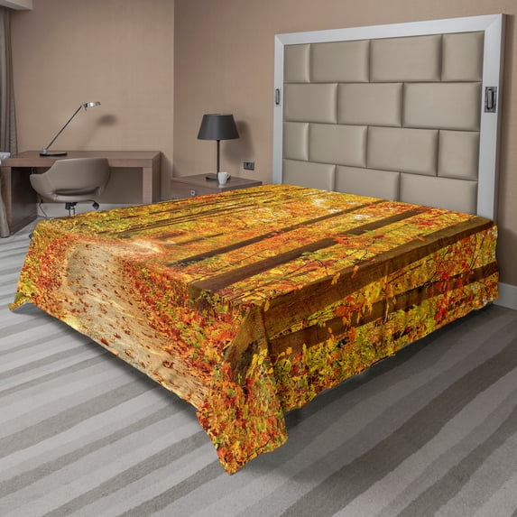 Ambesonne Fall Flat Sheet, Pathway in the Wilderness, King Size, Orange Pale Green Brown