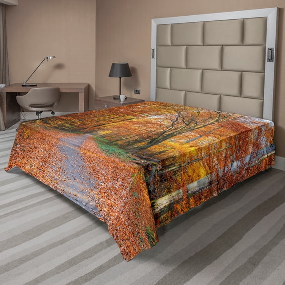 Ambesonne Fall Flat Sheet, Vibrant Trees Pathway, King Size, Orange Yellow Green