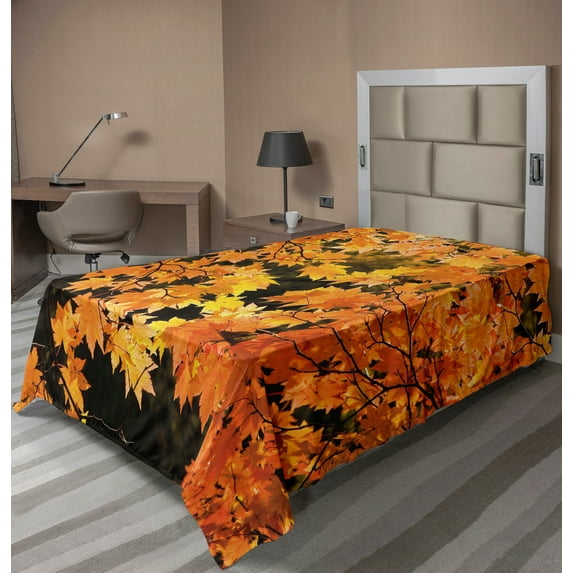 Ambesonne Fall Flat Sheet, Vivid Autumn Maple Leaves, TwinXL Size, Orange Yellow Brown