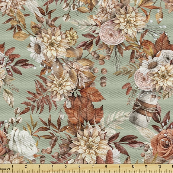 Ambesonne Fall Floral Fabric by the Yard Upholstery, Autumnal Rose Scene Art, 10 Yards, Laurel Green Pale Caramel