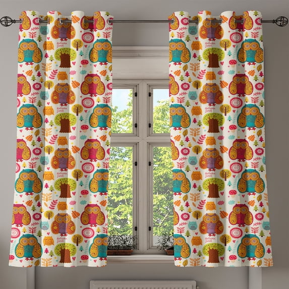 Ambesonne Fall Grommet Curtain, Colorful Owl Woodland Animals, 50" x 63", Multicolor