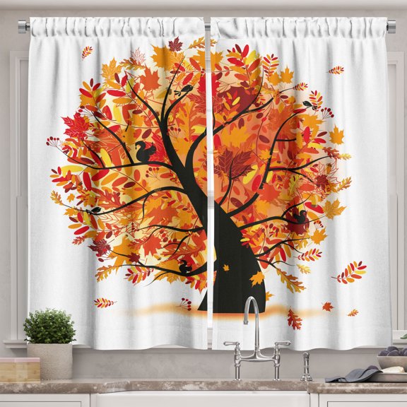 Ambesonne Fall Kitchen Curtains, Cartoon Tree Leaves, 55"x39", Yellow Orange Black