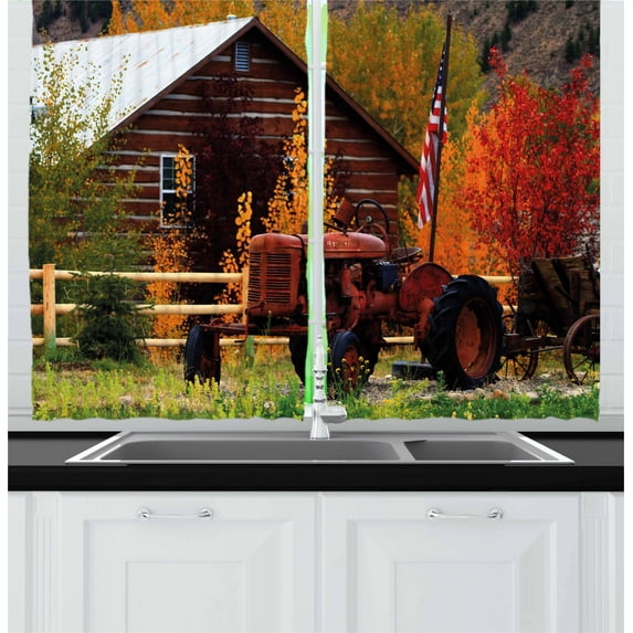 Ambesonne Fall Kitchen Curtains, Rustic Cabin with Tractor, 55"x39", Multicolor