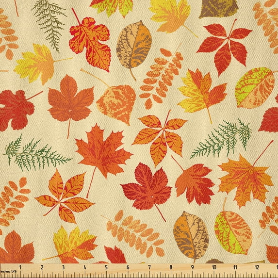 Ambesonne Fall Leaves Fabric by the Yard Microfiber, Varieties of Drawings, 5 Yards, Cream Orange Vermilion