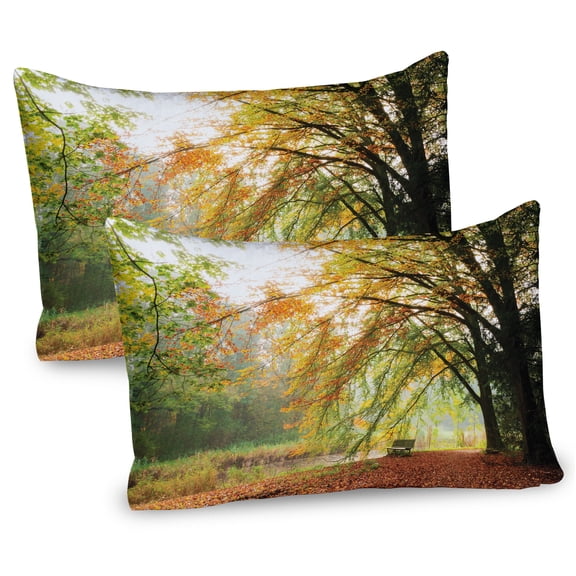 Ambesonne Fall Pillow Sham 2 Pack, Autumn Forest Peace View, 30"x20", Orange Green