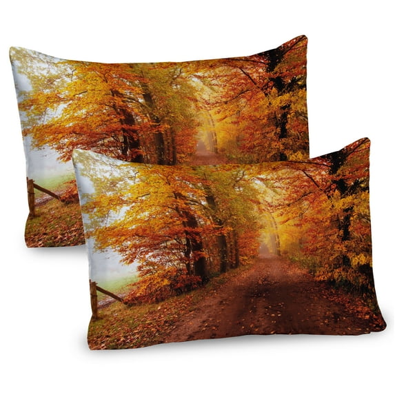 Ambesonne Fall Pillow Sham 2 Pack, Footpath in Foggy Woods, 36"x20", Orange Redwood Yellow