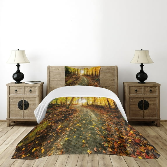 Ambesonne Fall Quilted Bedspread Set 2 Pcs, Early Morning in Woodland, Twin Size, Multicolor