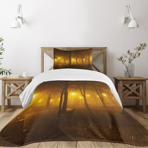 Ambesonne Fall Quilted Bedspread Set 2 Pcs, Foggy Evening in the Park, Twin Size, Marigold Caramel