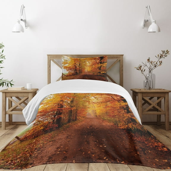 Ambesonne Fall Quilted Bedspread Set 2 Pcs, Footpath in Foggy Woods, Twin Size, Orange Redwood Yellow