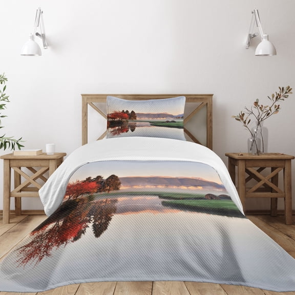 Ambesonne Fall Quilted Bedspread Set 2 Pcs, Idyllic Countryside View, Twin Size, Multicolor