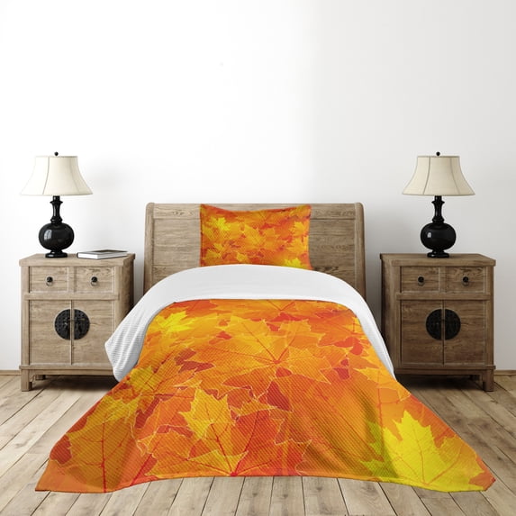 Ambesonne Fall Quilted Bedspread Set 2 Pcs, Maple Botany Foliage Leaf, Twin Size, Orange Yellow