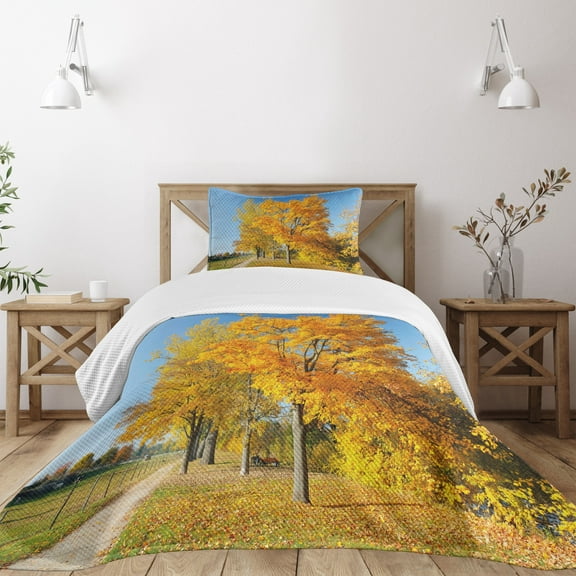 Ambesonne Fall Quilted Bedspread Set 2 Pcs, Maple Trees Countryside, Twin Size, Pale Blue Yellow Green