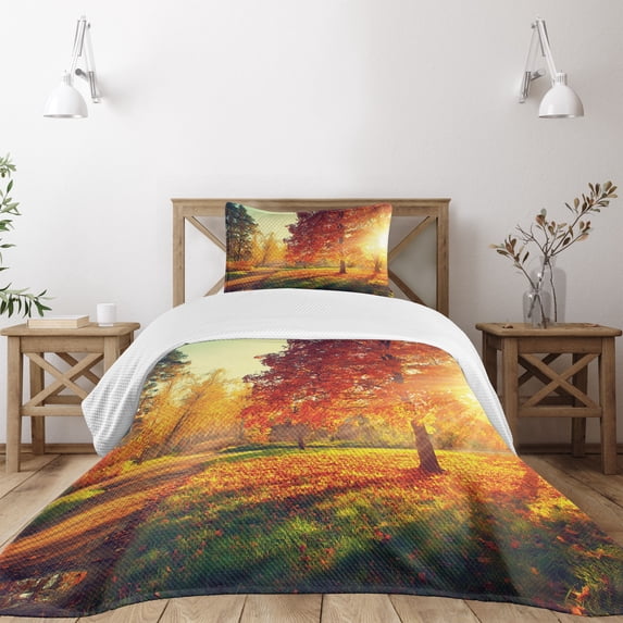 Ambesonne Fall Quilted Bedspread Set 2 Pcs, Misty Day in the Forest, Twin Size, Orange Yellow Green