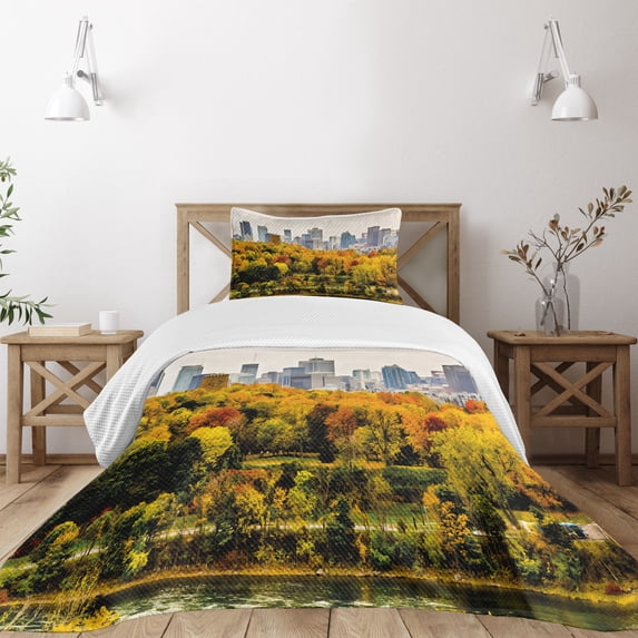 Ambesonne Fall Quilted Bedspread Set 2 Pcs, Montreal in Autumn Season, Twin Size, Multicolor