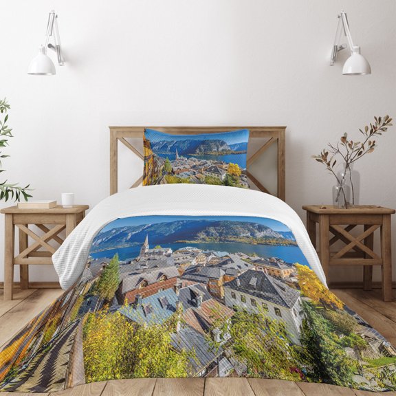 Ambesonne Fall Quilted Bedspread Set 2 Pcs, Mountain Village Austria, Twin Size, Multicolor