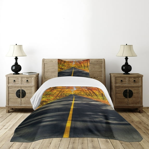 Ambesonne Fall Quilted Bedspread Set 2 Pcs, Rural Road Countryside, Twin Size, Multicolor